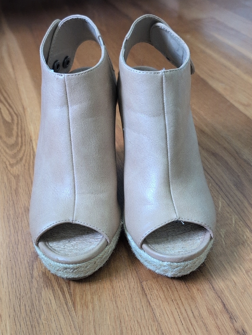 Neutral Peep-Toe Espadrille Wedge Sandals - Beige